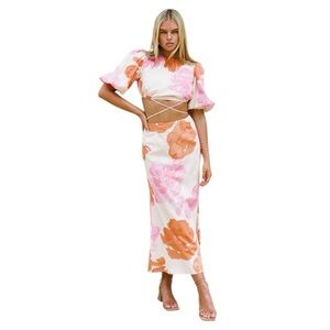 Sabo Bailee Midi‎ Skirt Solstice Pink Print High Waist A-Line Medium NWT